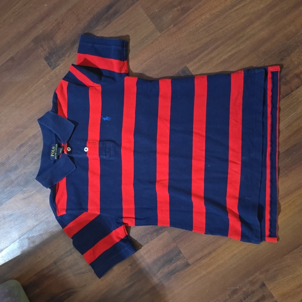 Boys Blue and Red Striped Polo Shirt. Size M(10-12).